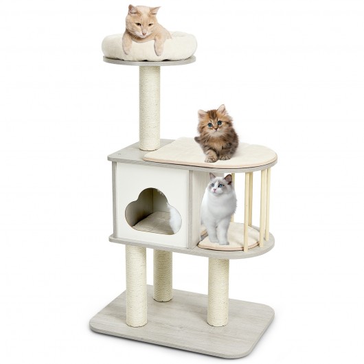 46 Inch Wooden Cat Activity Tree with Platform and Cushionsfor for Cats and Kittens - Image 3