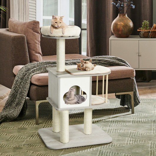 46 Inch Wooden Cat Activity Tree with Platform and Cushionsfor for Cats and Kittens - Image 5