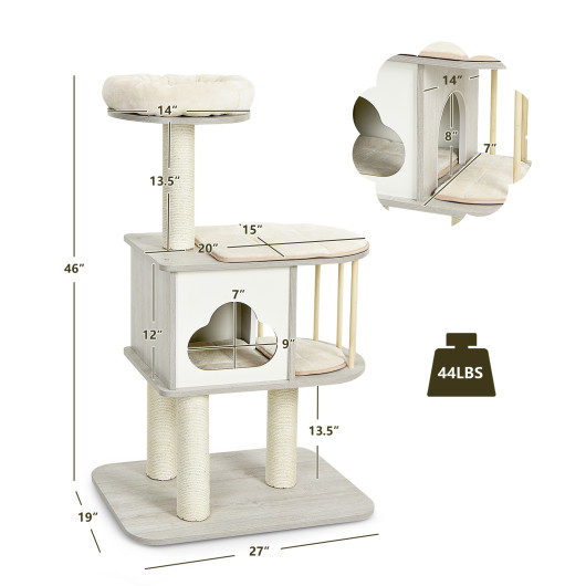 46 Inch Wooden Cat Activity Tree with Platform and Cushionsfor for Cats and Kittens - Image 6