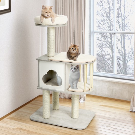 46 Inch Wooden Cat Activity Tree with Platform and Cushionsfor for Cats and Kittens - Image 2