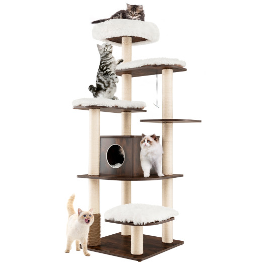 7-Layer Wooden Cat Tree Tall Cat Tower with Sisal Posts and Condo-Brown - Image 3