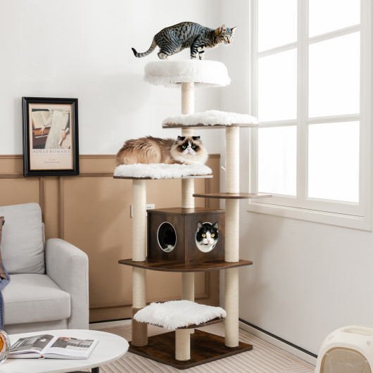 7-Layer Wooden Cat Tree Tall Cat Tower with Sisal Posts and Condo-Brown - Image 4