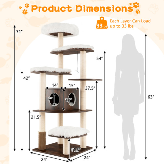7-Layer Wooden Cat Tree Tall Cat Tower with Sisal Posts and Condo-Brown - Image 5