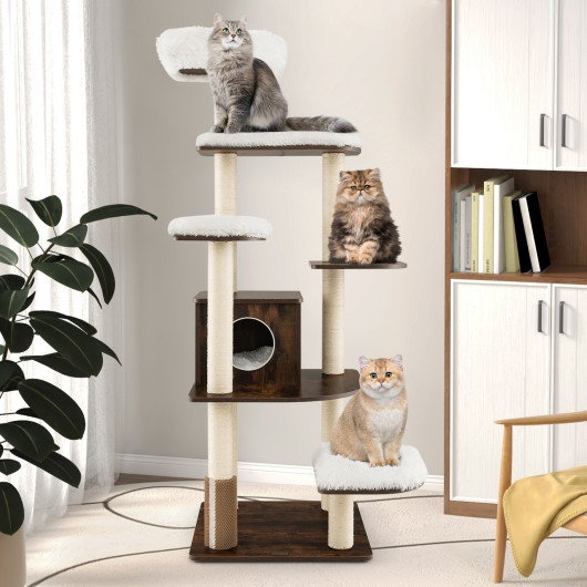 7-Layer Wooden Cat Tree Tall Cat Tower with Sisal Posts and Condo-Brown - Image 6