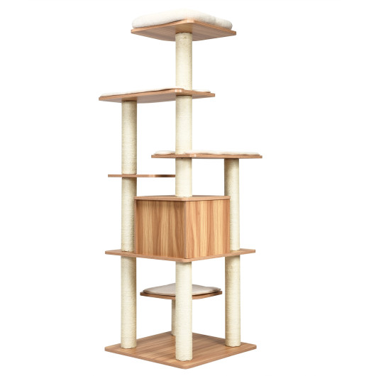 7-Layer Wooden Cat Tree Tall Cat Tower with Sisal Posts and Condo-Natural - Image 2