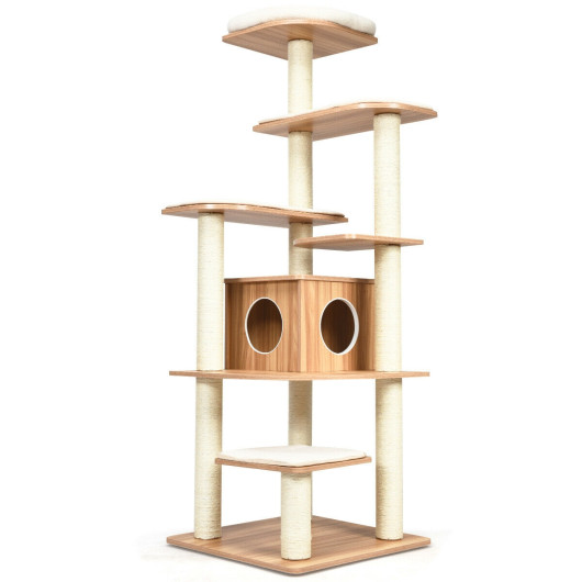 7-Layer Wooden Cat Tree Tall Cat Tower with Sisal Posts and Condo-Natural - Image 3