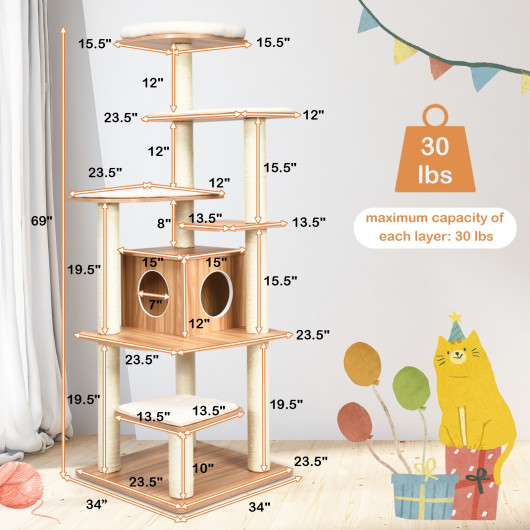 7-Layer Wooden Cat Tree Tall Cat Tower with Sisal Posts and Condo-Natural - Image 4