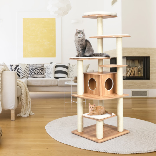 7-Layer Wooden Cat Tree Tall Cat Tower with Sisal Posts and Condo-Natural - Image 5