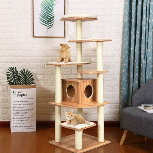 7-Layer Wooden Cat Tree Tall Cat Tower with Sisal Posts and Condo-Natural - Image 6