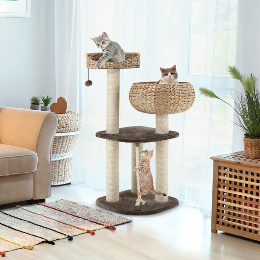 41 Inch Rattan Cat Tree with Napping Perch-Beige - Image 6