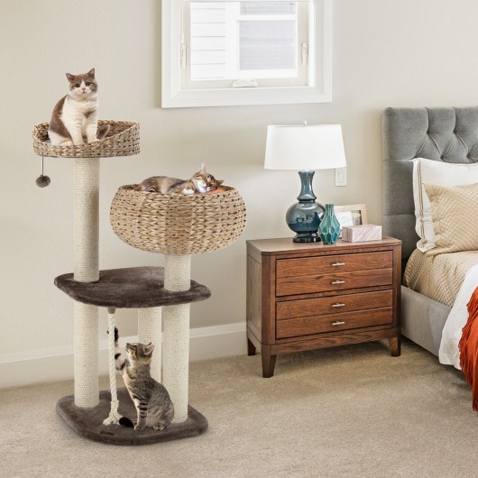 41 Inch Rattan Cat Tree with Napping Perch-Beige - Image 2