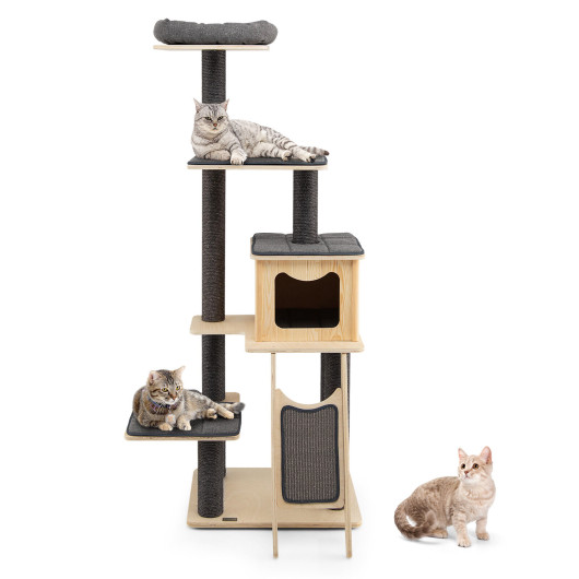 5-Tier Modern Wood Cat Tower with Washable Cushions-Gray - Image 2