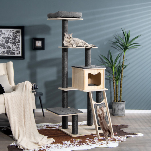 5-Tier Modern Wood Cat Tower with Washable Cushions-Gray - Image 5
