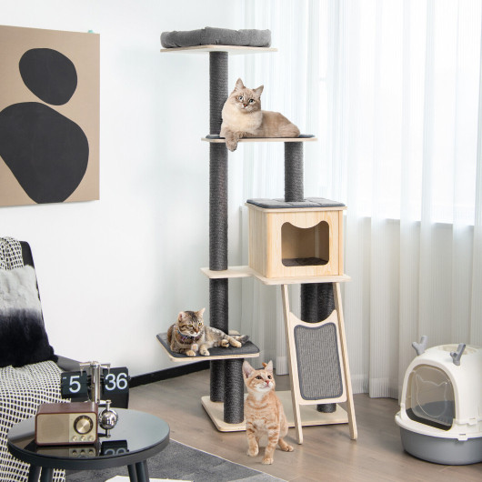 5-Tier Modern Wood Cat Tower with Washable Cushions-Gray - Image 6