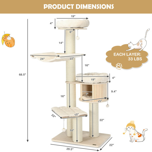 4-Layer 68.5-Inch Wooden Cat Tree Condo Activity Tower with Sisal Posts-Natural - Image 4