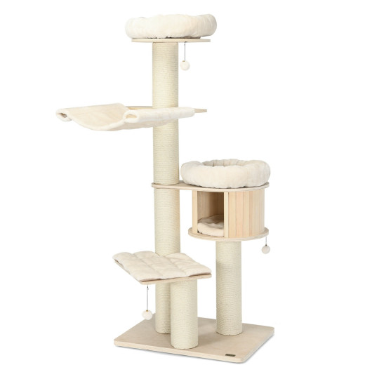 4-Layer 68.5-Inch Wooden Cat Tree Condo Activity Tower with Sisal Posts-Natural - Image 5