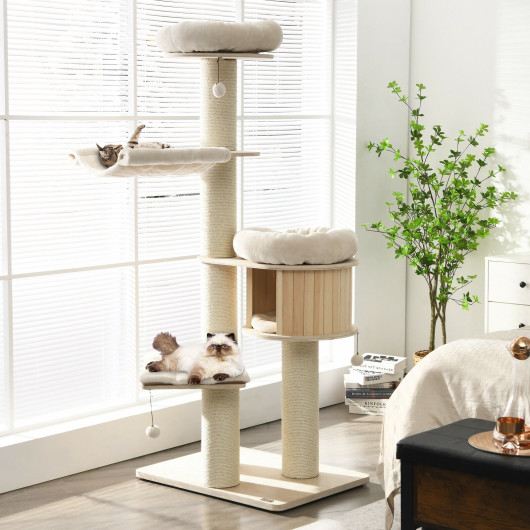 4-Layer 68.5-Inch Wooden Cat Tree Condo Activity Tower with Sisal Posts-Natural - Image 6