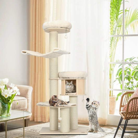 4-Layer 68.5-Inch Wooden Cat Tree Condo Activity Tower with Sisal Posts-Natural - Image 2