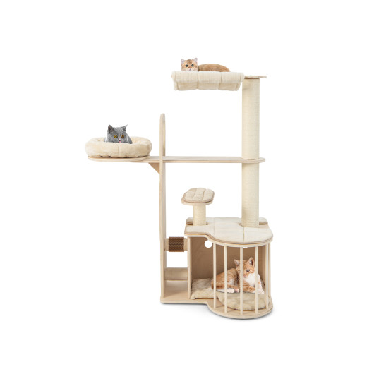 55 Inch Tall Multi-Level Cat Tree with Washable Removable Cushions-Natural - Image 4