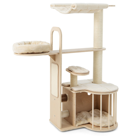55 Inch Tall Multi-Level Cat Tree with Washable Removable Cushions-Natural - Image 2