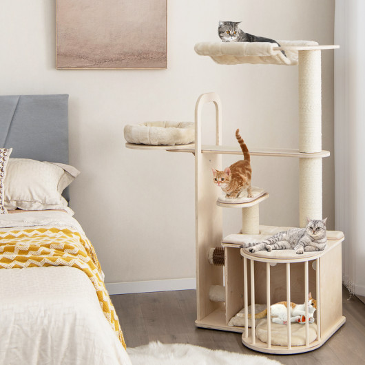 55 Inch Tall Multi-Level Cat Tree with Washable Removable Cushions-Natural - Image 3