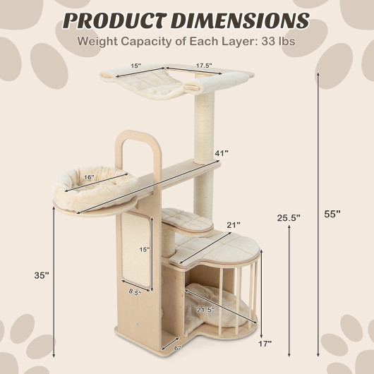55 Inch Tall Multi-Level Cat Tree with Washable Removable Cushions-Natural - Image 5