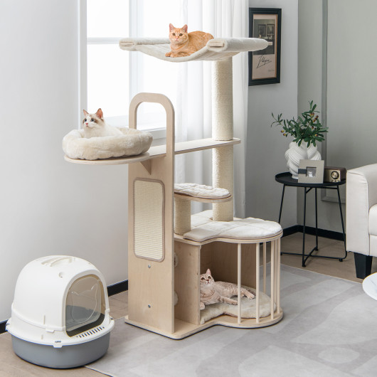 55 Inch Tall Multi-Level Cat Tree with Washable Removable Cushions-Natural - Image 6