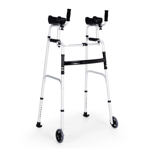 Folding Height Adjustable Walking Frame with Armrest Support-Silver