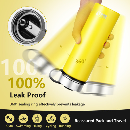22 Oz Double-walled Insulated Stainless Steel Water Bottle with 2 Lids and Straw-Yellowtest - Image 3