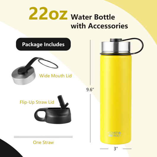 22 Oz Double-walled Insulated Stainless Steel Water Bottle with 2 Lids and Straw-Yellowtest - Image 6
