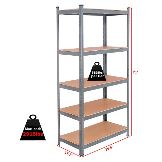 71 inch Heavy Duty Steel Adjustable 5 Level Storage Shelves-Gray - Image 3
