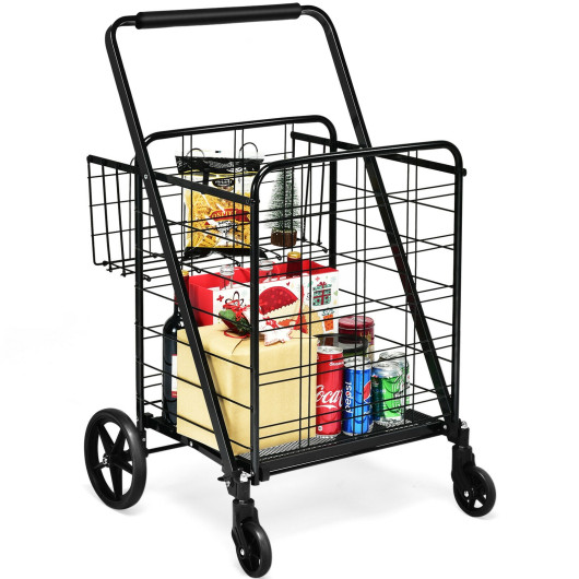 Heavy Duty Folding Utility Shopping Double Cart-Black - Image 2
