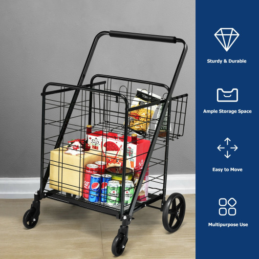 Heavy Duty Folding Utility Shopping Double Cart-Black - Image 4