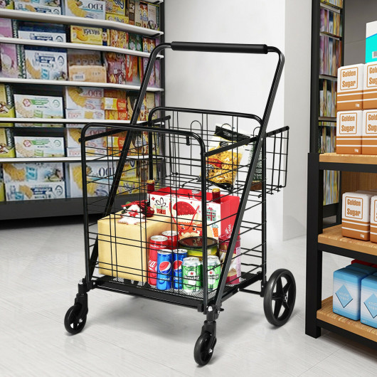 Heavy Duty Folding Utility Shopping Double Cart-Black - Image 3