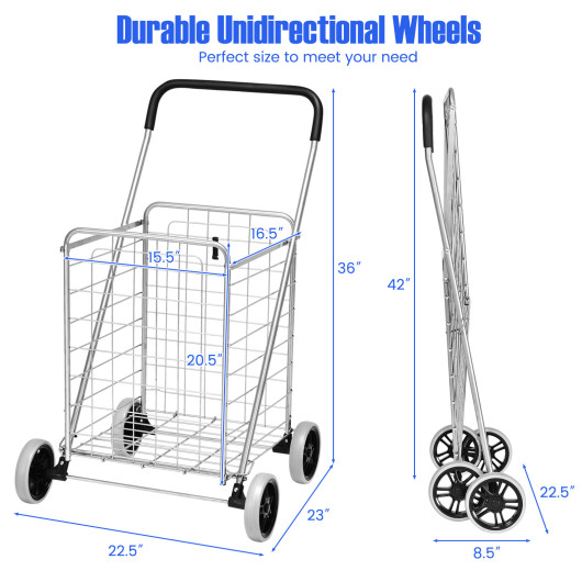 Portable Folding Shopping Cart Utility for Grocery Laundry-Silver - Image 3