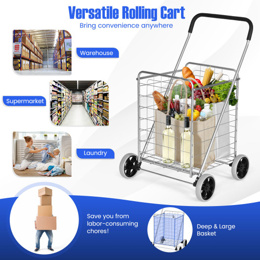 Portable Folding Shopping Cart Utility for Grocery Laundry-Silver - Image 6