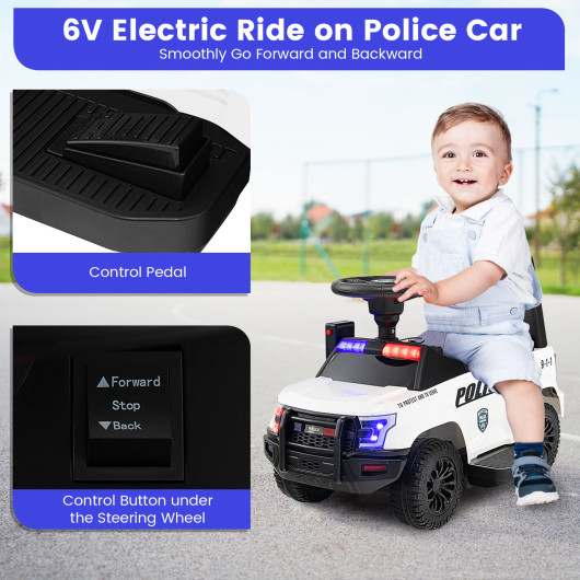 6V Kids Ride On Police Car with Real Megaphone and Siren Flashing Lights-White - Image 4