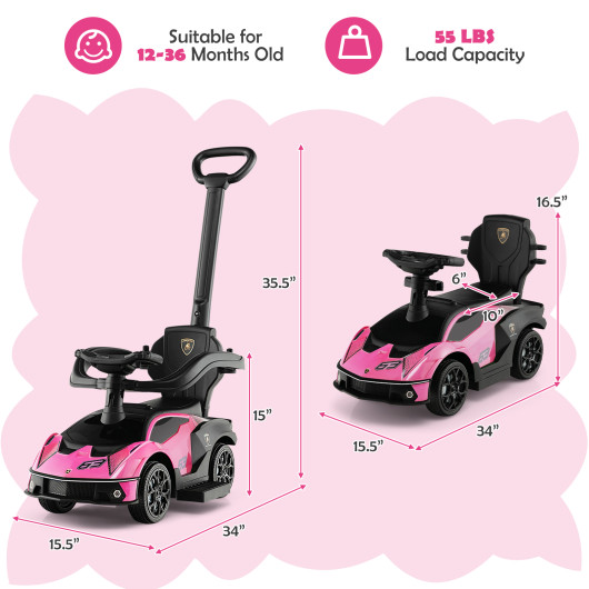 3-in-1 Licensed Lamborghini Ride on Push Car with Handle Guardrail-Pink - Image 3