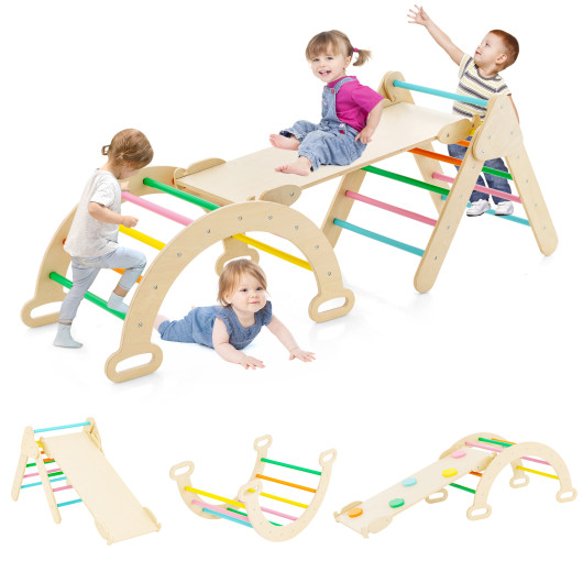 2-in-1 Wooden Kids Climber Toys with Triangle Arch Ramp-Multicolor - Image 3
