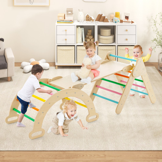 2-in-1 Wooden Kids Climber Toys with Triangle Arch Ramp-Multicolor - Image 2