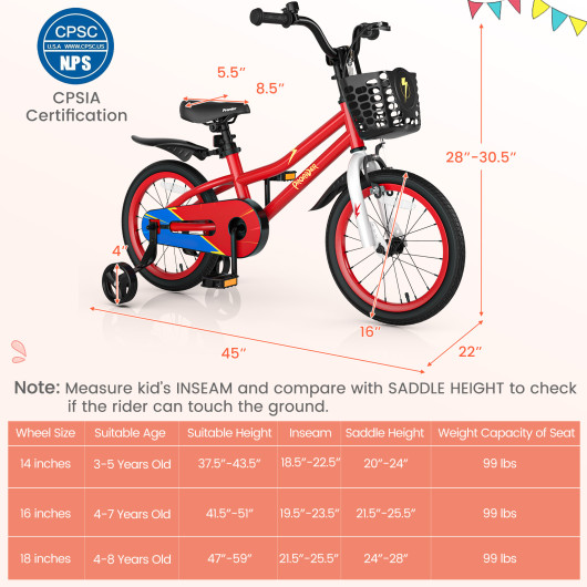 16 Inch Kid's Bike with Removable Training Wheels-Red - Image 2