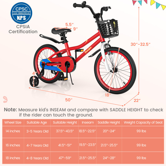 18 Feet Kid's Bike with Removable Training Wheels-Red - Image 6