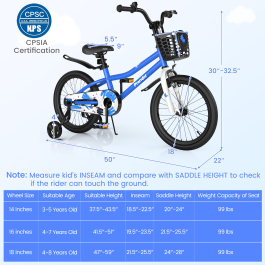 18 Feet Kid's Bike with Removable Training Wheels-Blue - Image 6