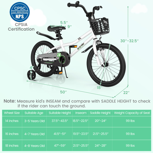 18 Feet Kid's Bike with Removable Training Wheels-Black & White - Image 6