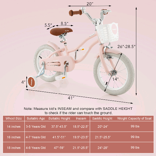 14 Inch Kid's Bike with Removable Training Wheels and Basket-Pink - Image 6