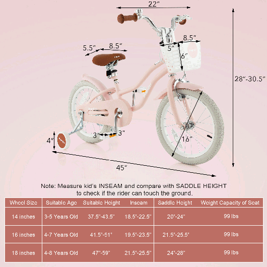 16 Inch Kids Bike with Front Handbrake and 2 Training Wheels-Pink - Image 6