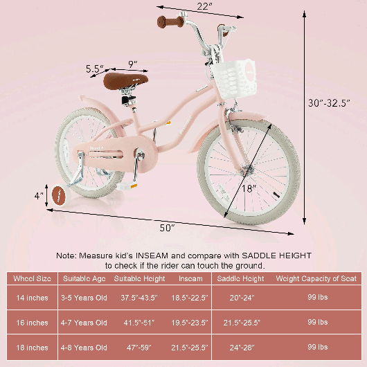 Children Bicycle with Front Handbrake and Rear Coaster Brake-Pink - Image 6