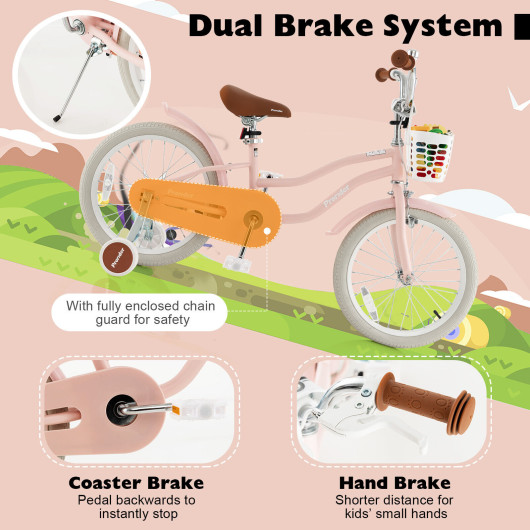 Children Bicycle with Front Handbrake and Rear Coaster Brake-Pink - Image 3