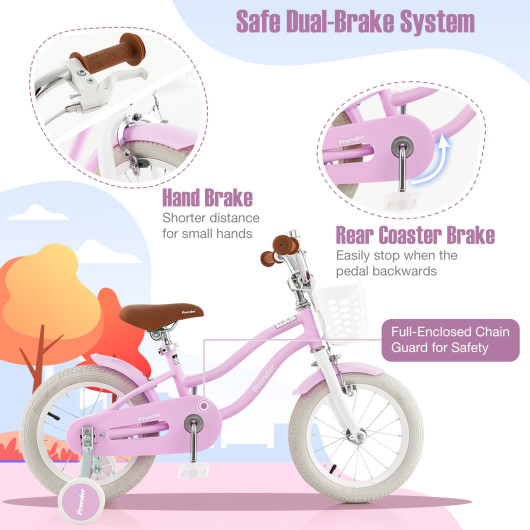 14 Inch Kid's Bike with Removable Training Wheels and Basket-Purple - Image 2
