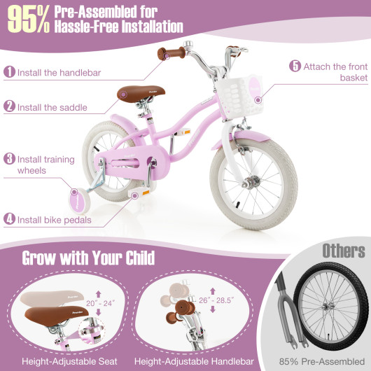 14 Inch Kid's Bike with Removable Training Wheels and Basket-Purple - Image 6